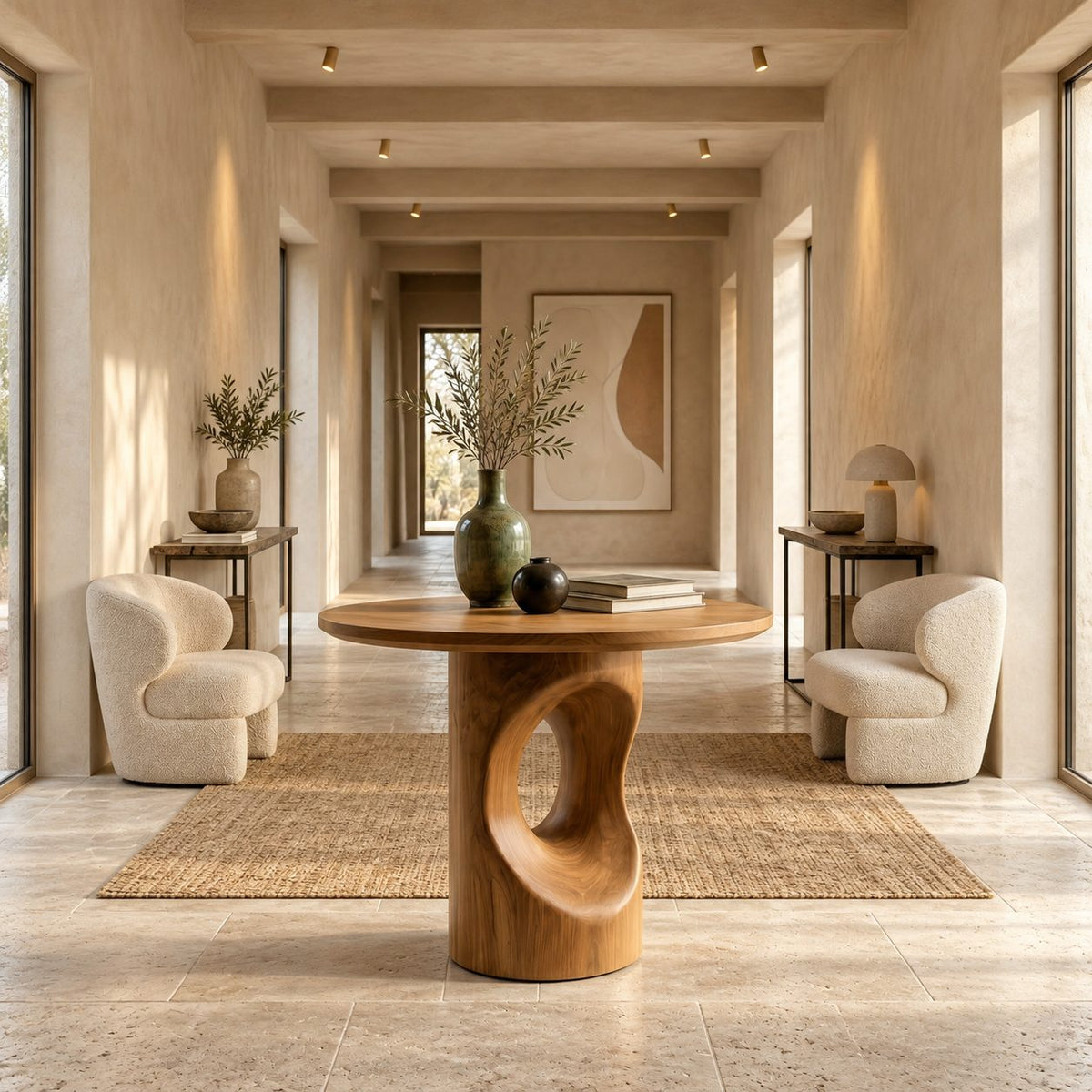 Round Foyer Table with Pierced Oval Cutout Pedestal, Modern Sculptural Solid Wood Entryway Table