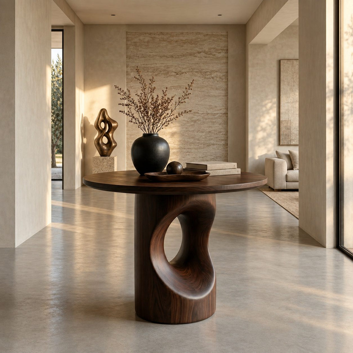 Round Foyer Table with Pierced Oval Cutout Pedestal, Modern Sculptural Solid Wood Entryway Table
