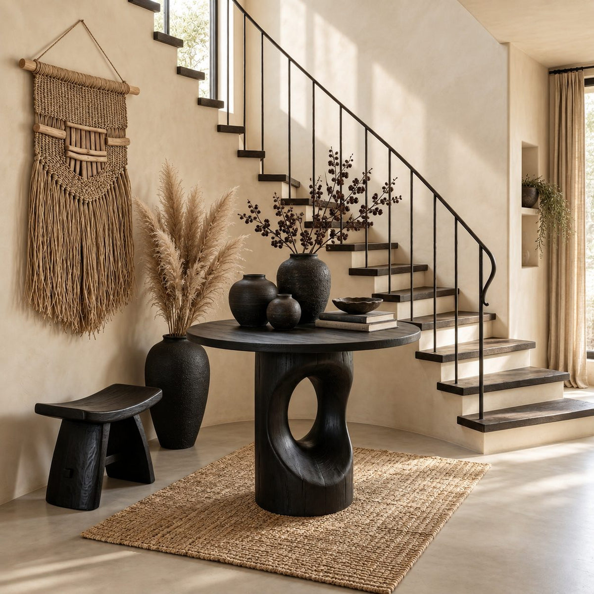 Round Foyer Table with Pierced Oval Cutout Pedestal, Modern Sculptural Solid Wood Entryway Table