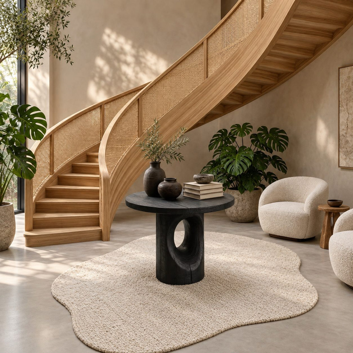 Round Foyer Table with Pierced Oval Cutout Pedestal, Modern Sculptural Solid Wood Entryway Table