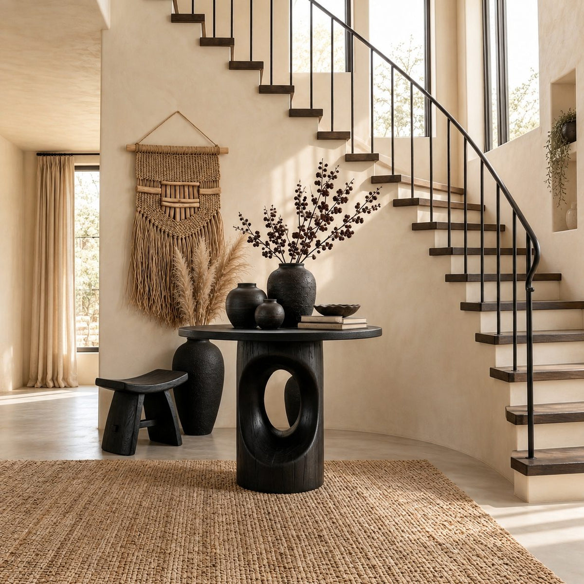 Round Foyer Table with Pierced Oval Cutout Pedestal, Modern Sculptural Solid Wood Entryway Table