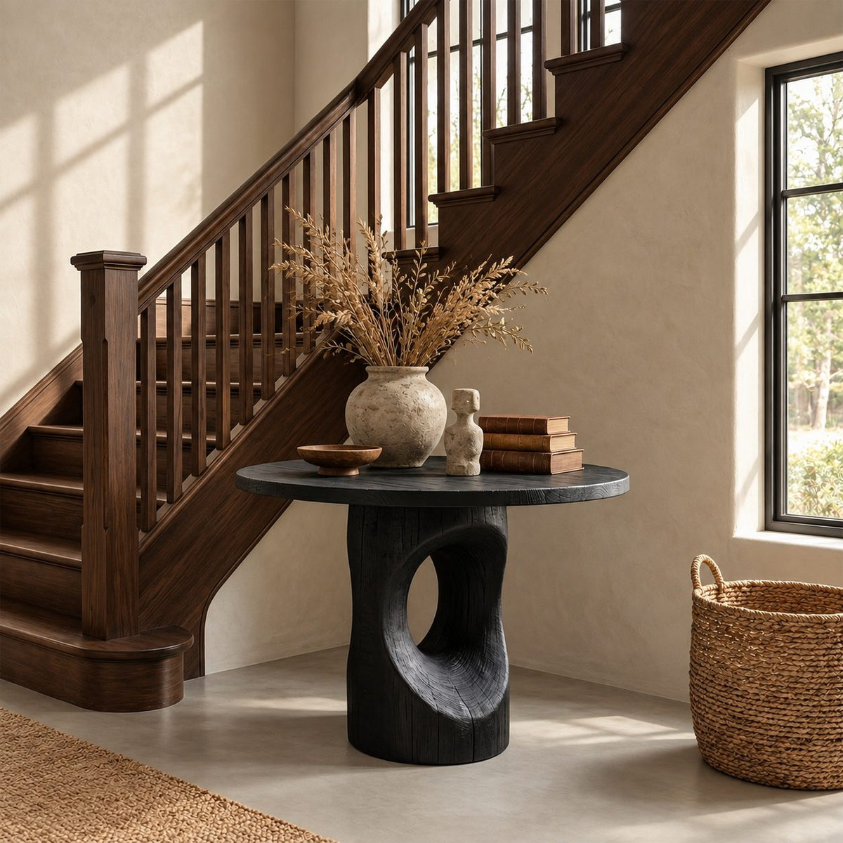 Round Foyer Table with Pierced Oval Cutout Pedestal, Modern Sculptural Solid Wood Entryway Table