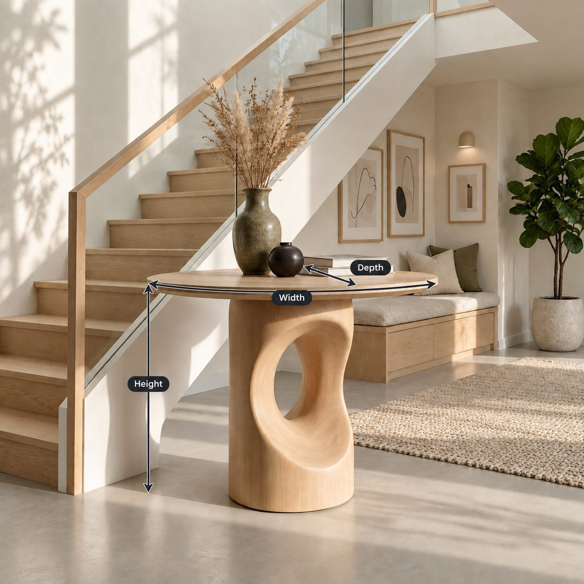 Round Foyer Table with Pierced Oval Cutout Pedestal, Modern Sculptural Solid Wood Entryway Table