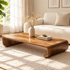 Low Wood Coffee Table with Curled Scroll End Legs, Minimalist Solid Wood Floor Table for Living Room