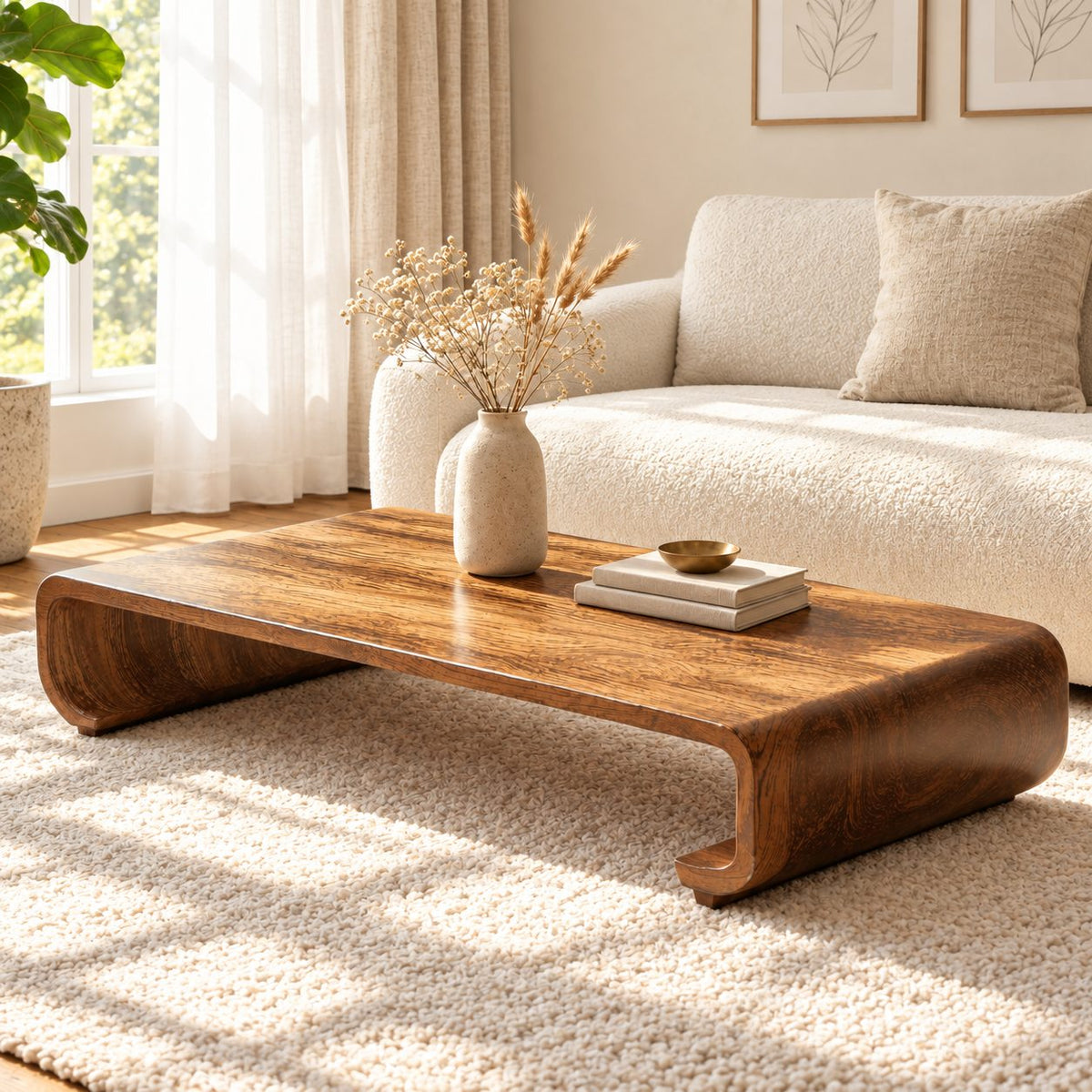 Low Wood Coffee Table with Curled Scroll End Legs, Minimalist Solid Wood Floor Table for Living Room
