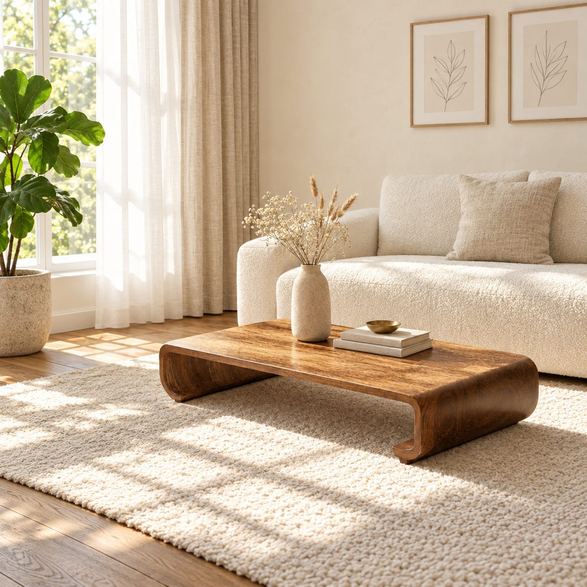 Low Wood Coffee Table with Curled Scroll End Legs, Minimalist Solid Wood Floor Table for Living Room