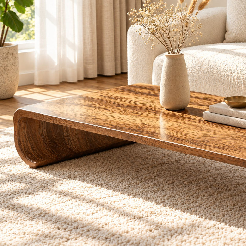 Low Wood Coffee Table with Curled Scroll End Legs, Minimalist Solid Wood Floor Table for Living Room
