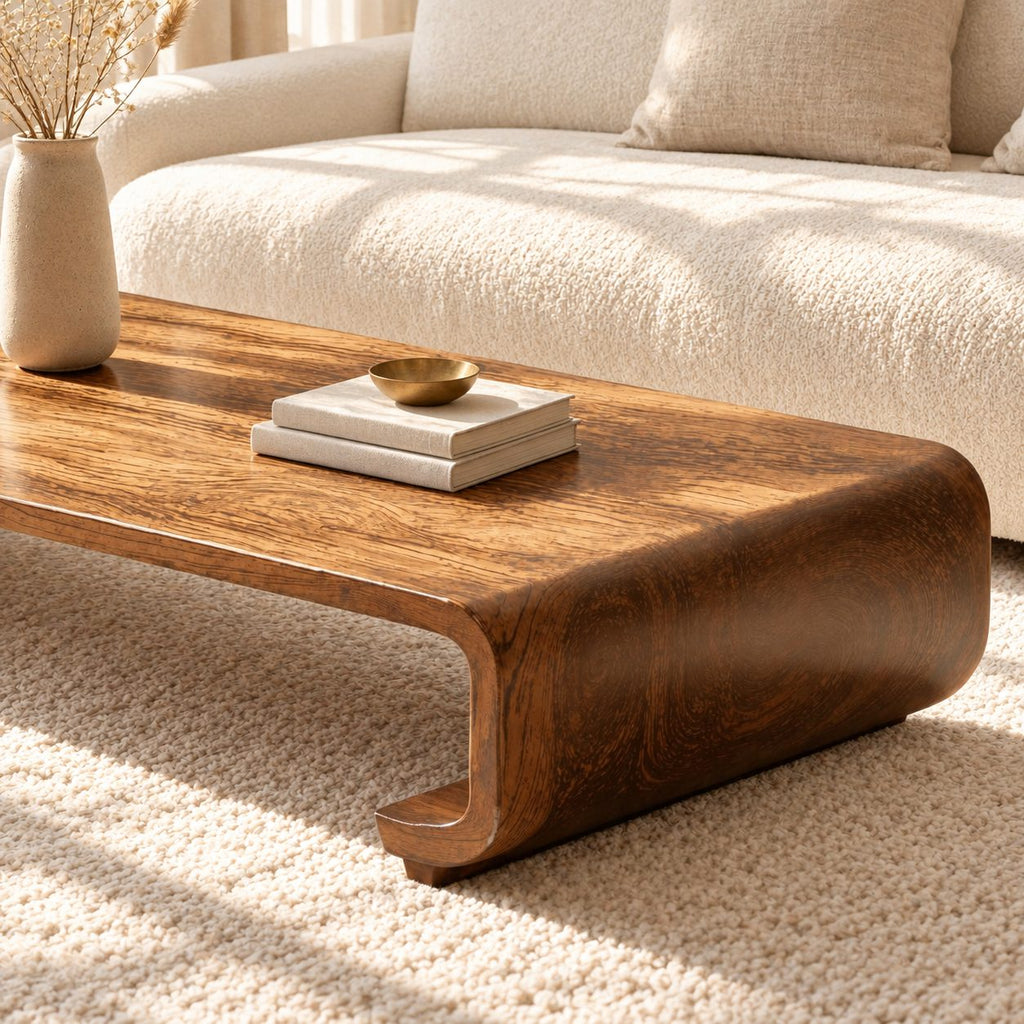Low Wood Coffee Table with Curled Scroll End Legs, Minimalist Solid Wood Floor Table for Living Room