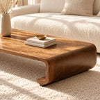 Low Wood Coffee Table with Curled Scroll End Legs, Minimalist Solid Wood Floor Table for Living Room