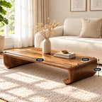 Low Wood Coffee Table with Curled Scroll End Legs, Minimalist Solid Wood Floor Table for Living Room