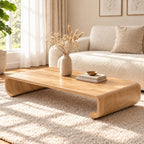 Low Wood Coffee Table with Curled Scroll End Legs, Minimalist Solid Wood Floor Table for Living Room