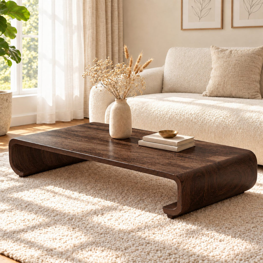 Low Wood Coffee Table with Curled Scroll End Legs, Minimalist Solid Wood Floor Table for Living Room