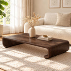 Low Wood Coffee Table with Curled Scroll End Legs, Minimalist Solid Wood Floor Table for Living Room