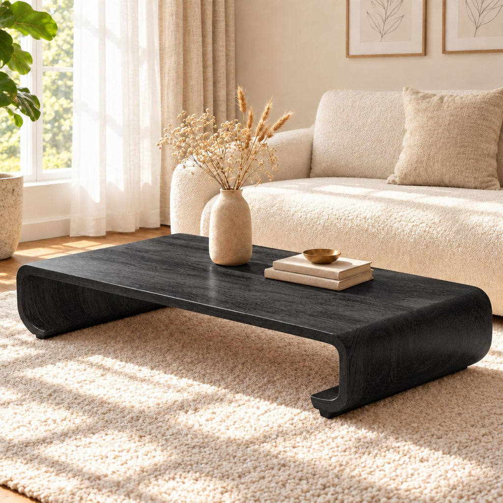 Low Wood Coffee Table with Curled Scroll End Legs, Minimalist Solid Wood Floor Table for Living Room