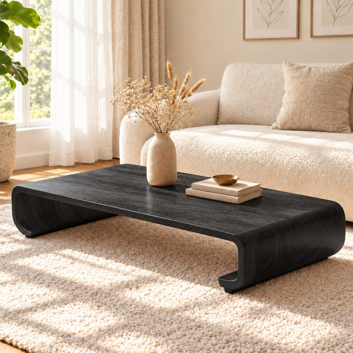 Low Wood Coffee Table with Curled Scroll End Legs, Minimalist Solid Wood Floor Table for Living Room