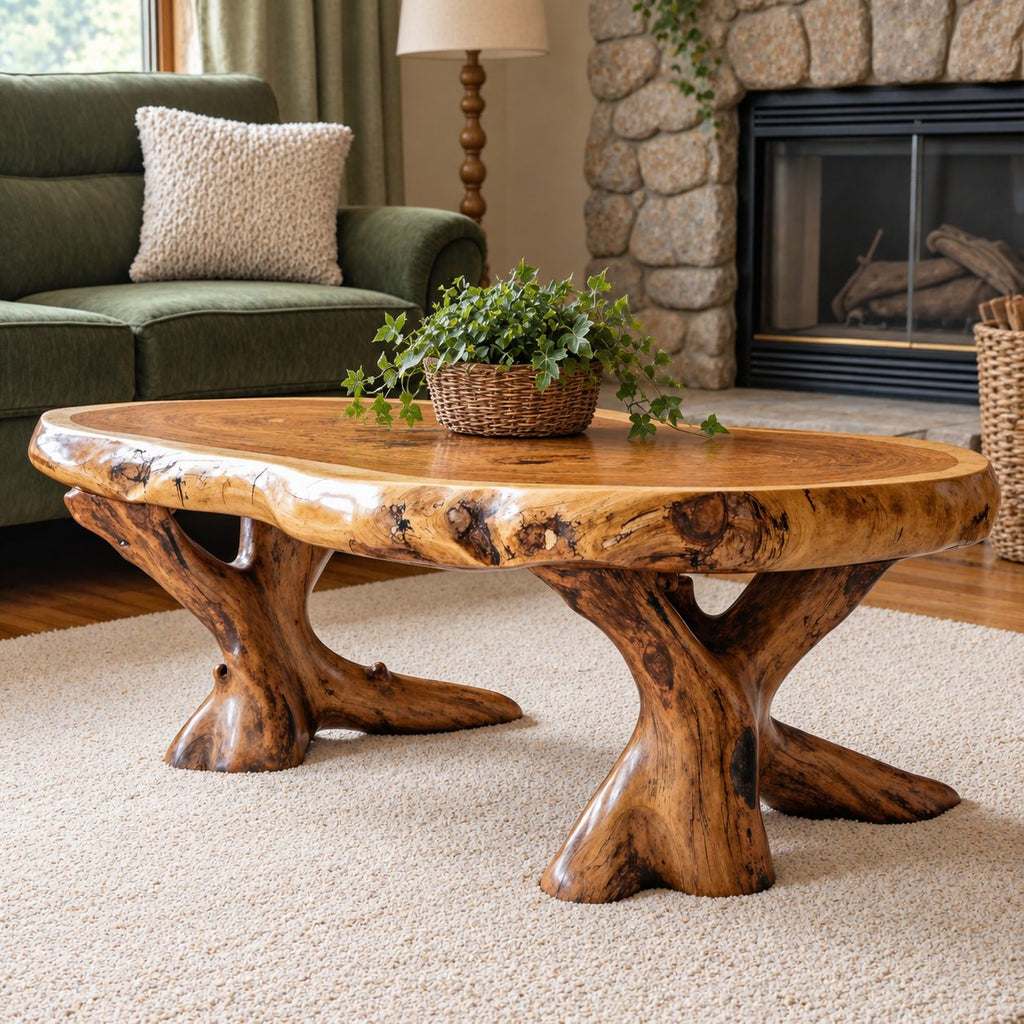 Live Edge Coffee Table on Carved Root Legs, Oval Natural Slab Solid Wood Low Table for Living Room