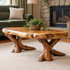 Live Edge Coffee Table on Carved Root Legs, Oval Natural Slab Solid Wood Low Table for Living Room