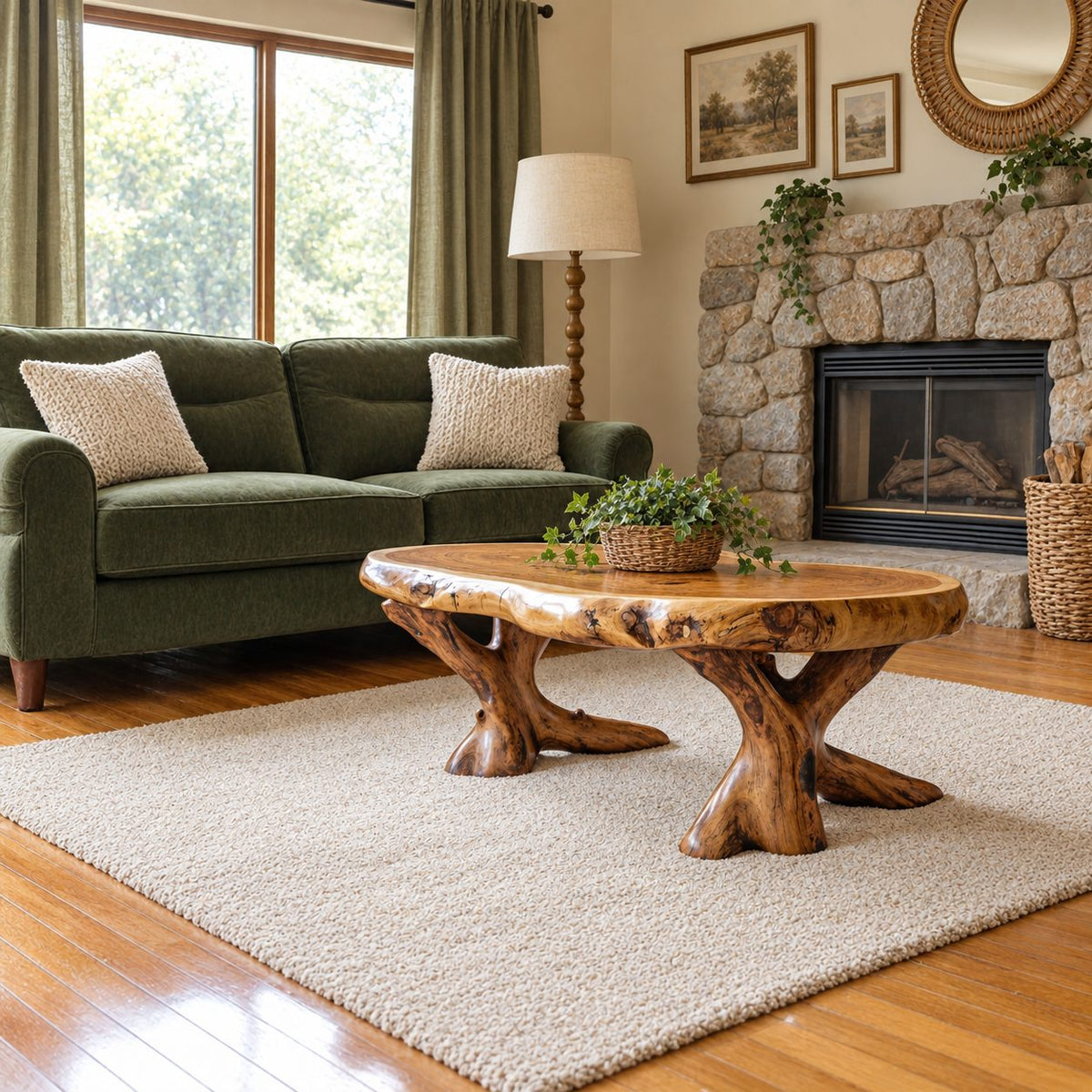 Live Edge Coffee Table on Carved Root Legs, Oval Natural Slab Solid Wood Low Table for Living Room