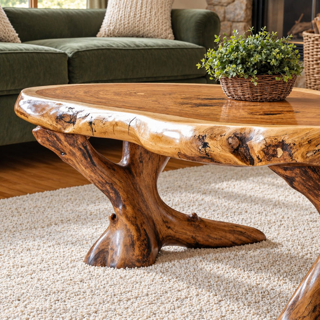 Live Edge Coffee Table on Carved Root Legs, Oval Natural Slab Solid Wood Low Table for Living Room