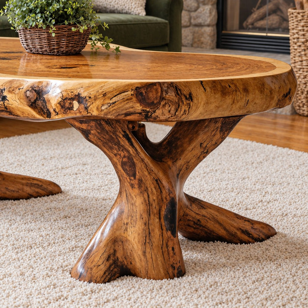 Live Edge Coffee Table on Carved Root Legs, Oval Natural Slab Solid Wood Low Table for Living Room