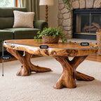 Live Edge Coffee Table on Carved Root Legs, Oval Natural Slab Solid Wood Low Table for Living Room