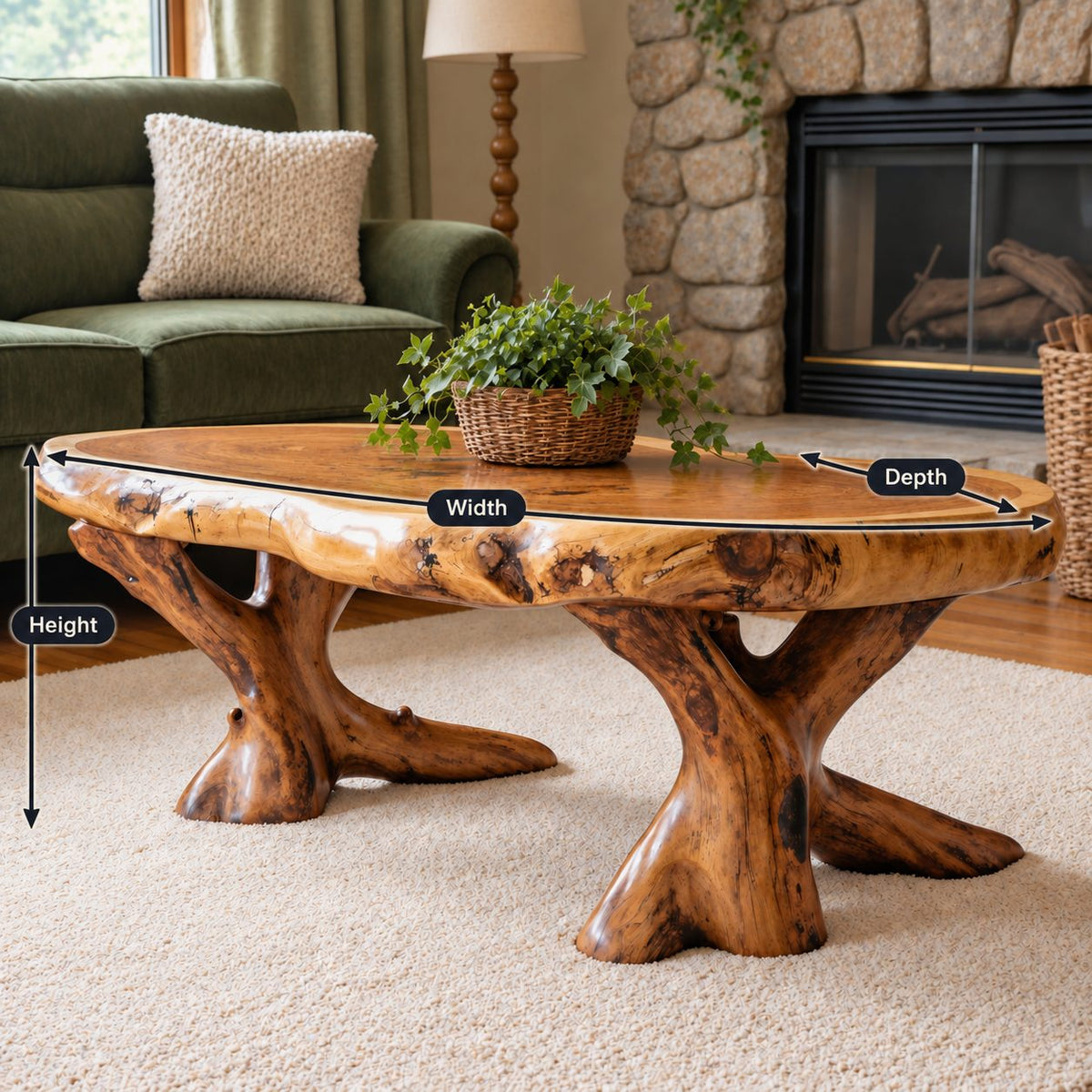 Live Edge Coffee Table on Carved Root Legs, Oval Natural Slab Solid Wood Low Table for Living Room