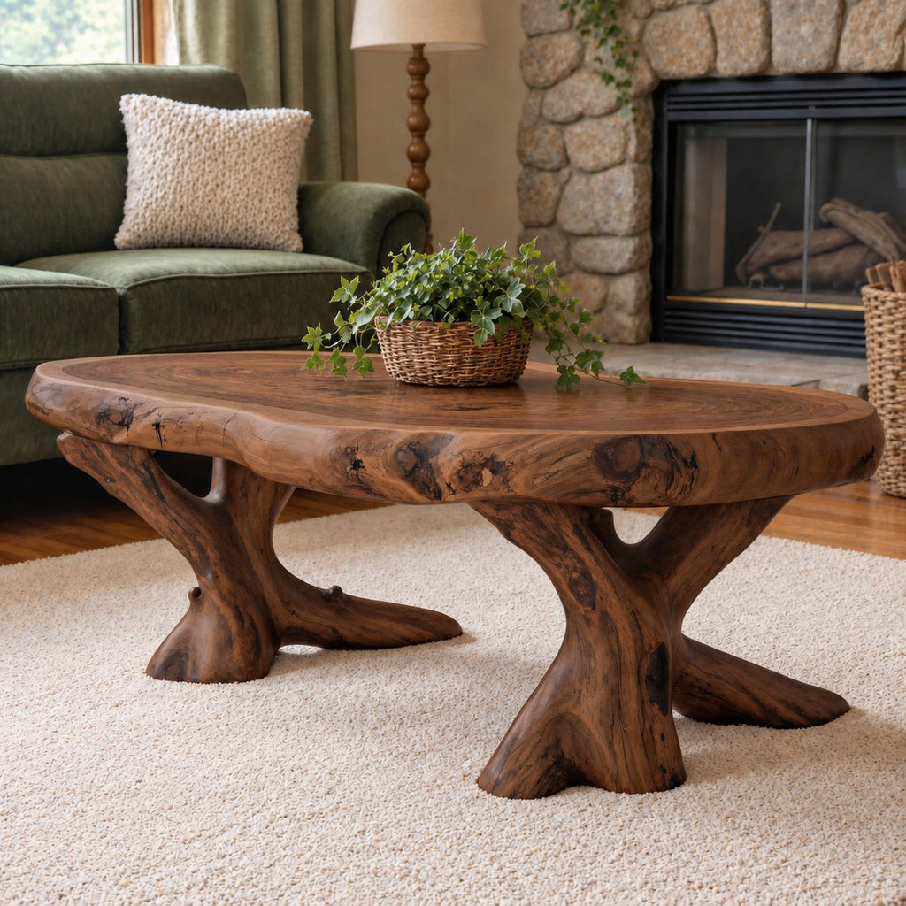 Live Edge Coffee Table on Carved Root Legs, Oval Natural Slab Solid Wood Low Table for Living Room
