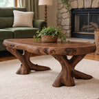 Live Edge Coffee Table on Carved Root Legs, Oval Natural Slab Solid Wood Low Table for Living Room