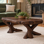 Live Edge Coffee Table on Carved Root Legs, Oval Natural Slab Solid Wood Low Table for Living Room
