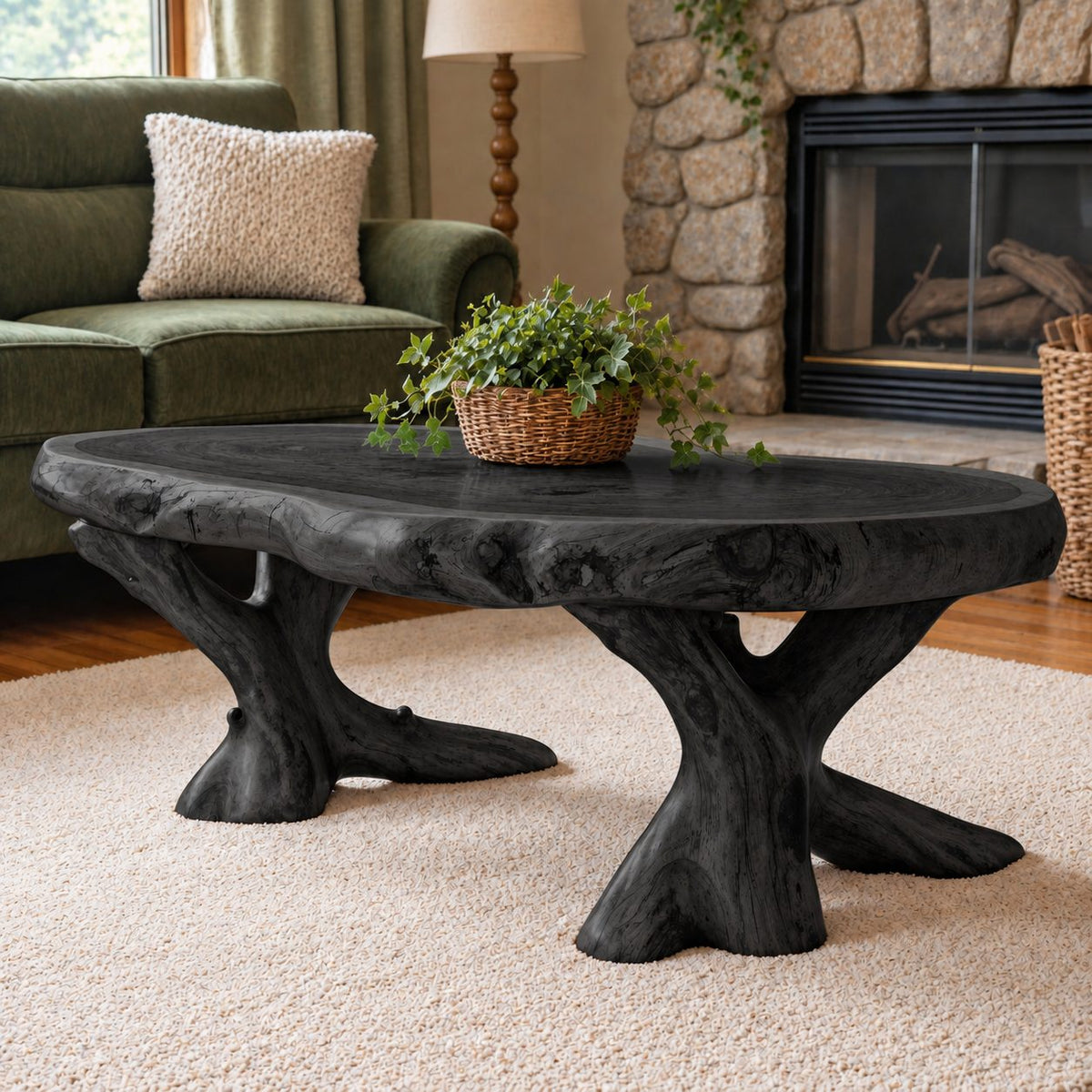 Live Edge Coffee Table on Carved Root Legs, Oval Natural Slab Solid Wood Low Table for Living Room