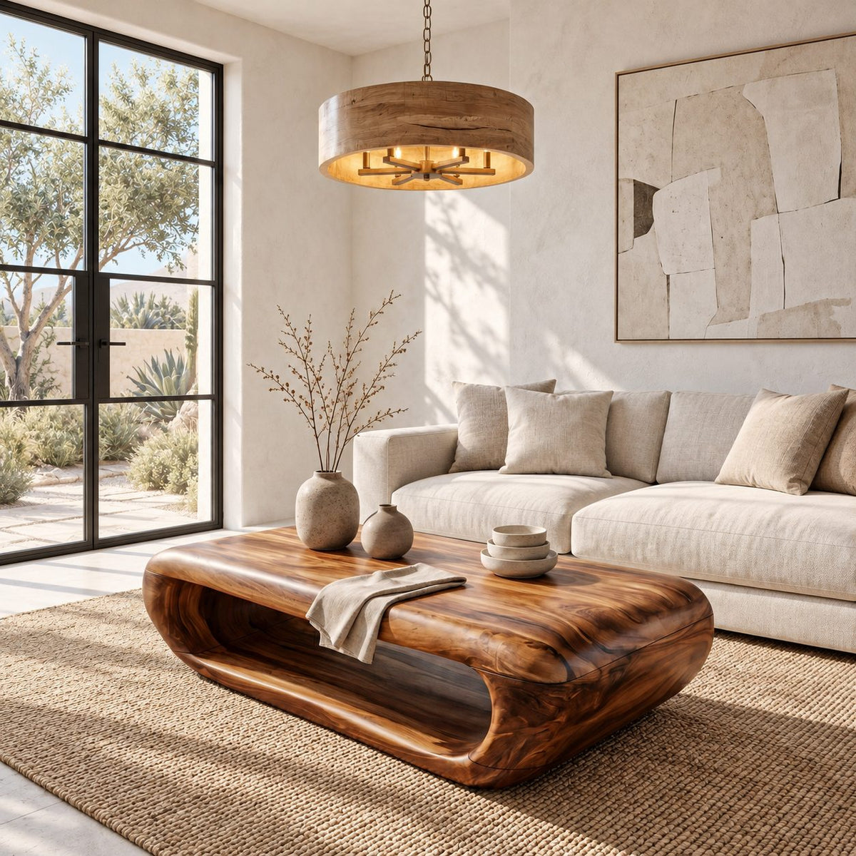 Organic Capsule Coffee Table with Open Storage Tunnel, Rounded Loop Solid Wood Center Table