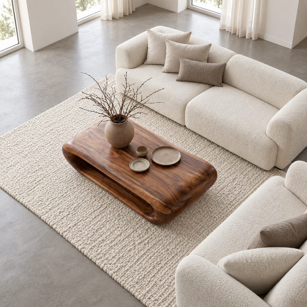 Organic Capsule Coffee Table with Open Storage Tunnel, Rounded Loop Solid Wood Center Table