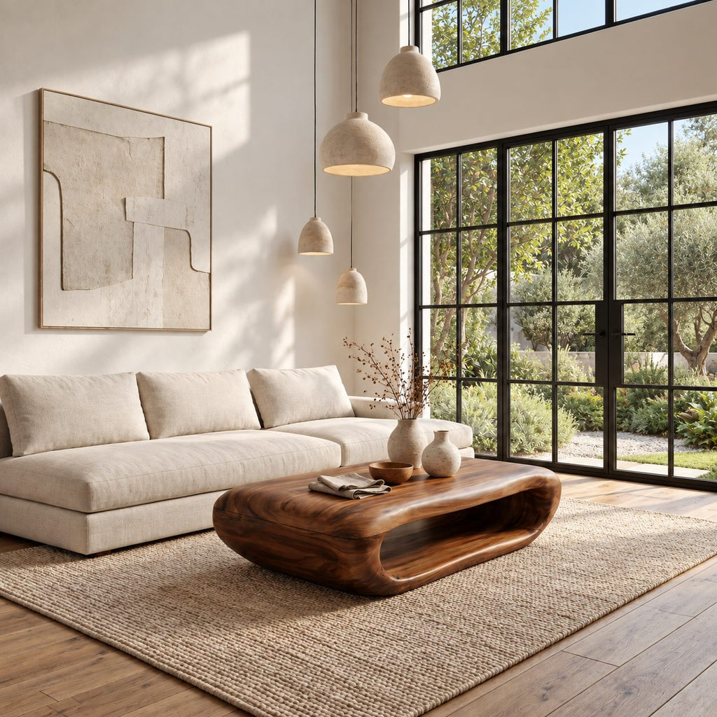 Organic Capsule Coffee Table with Open Storage Tunnel, Rounded Loop Solid Wood Center Table
