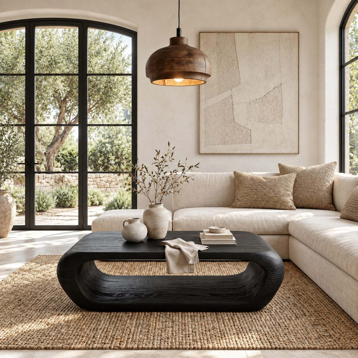 Organic Capsule Coffee Table with Open Storage Tunnel, Rounded Loop Solid Wood Center Table