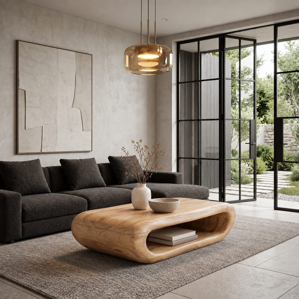 Organic Capsule Coffee Table with Open Storage Tunnel, Rounded Loop Solid Wood Center Table