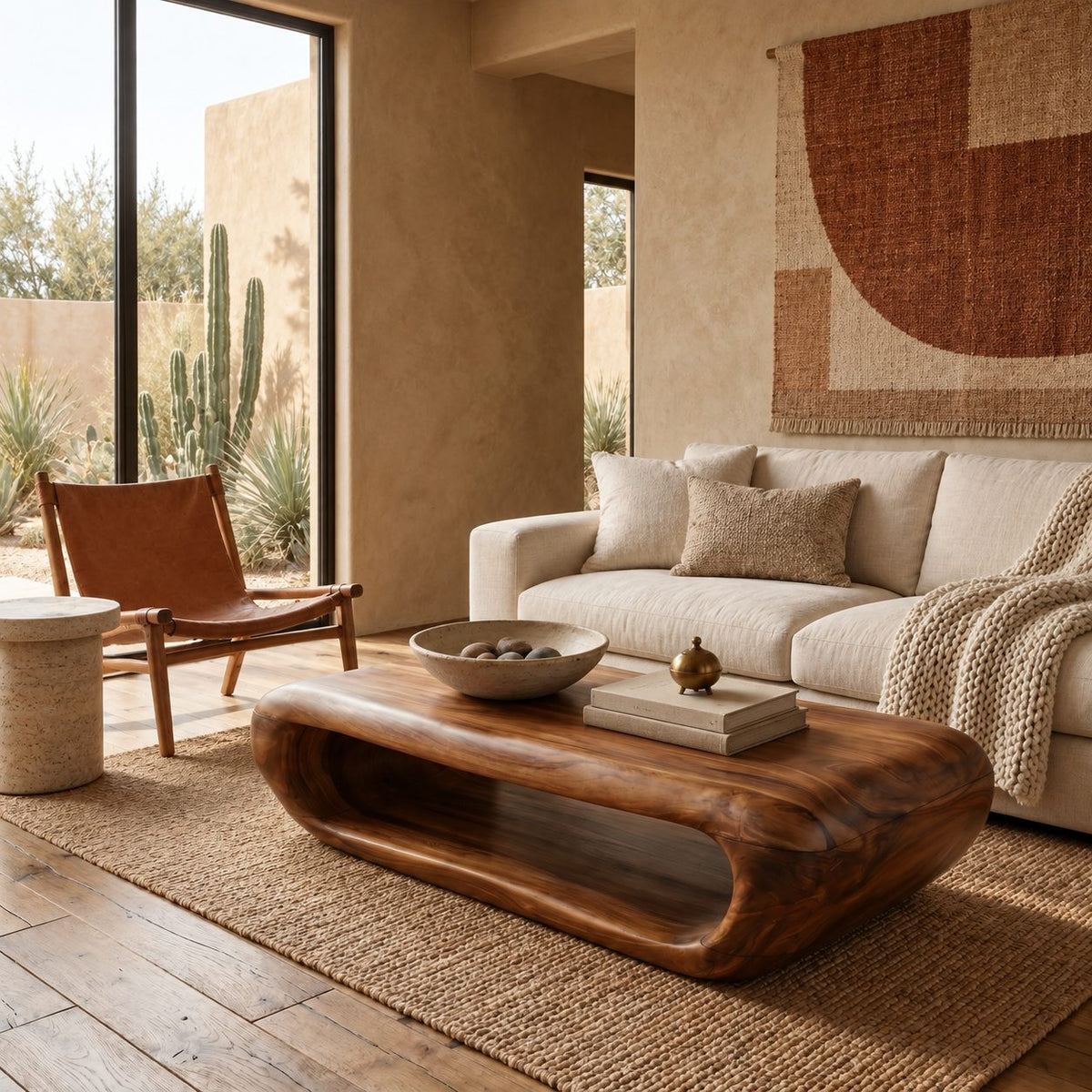 Organic Capsule Coffee Table with Open Storage Tunnel, Rounded Loop Solid Wood Center Table