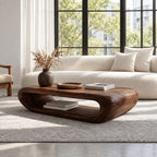 Organic Capsule Coffee Table with Open Storage Tunnel, Rounded Loop Solid Wood Center Table