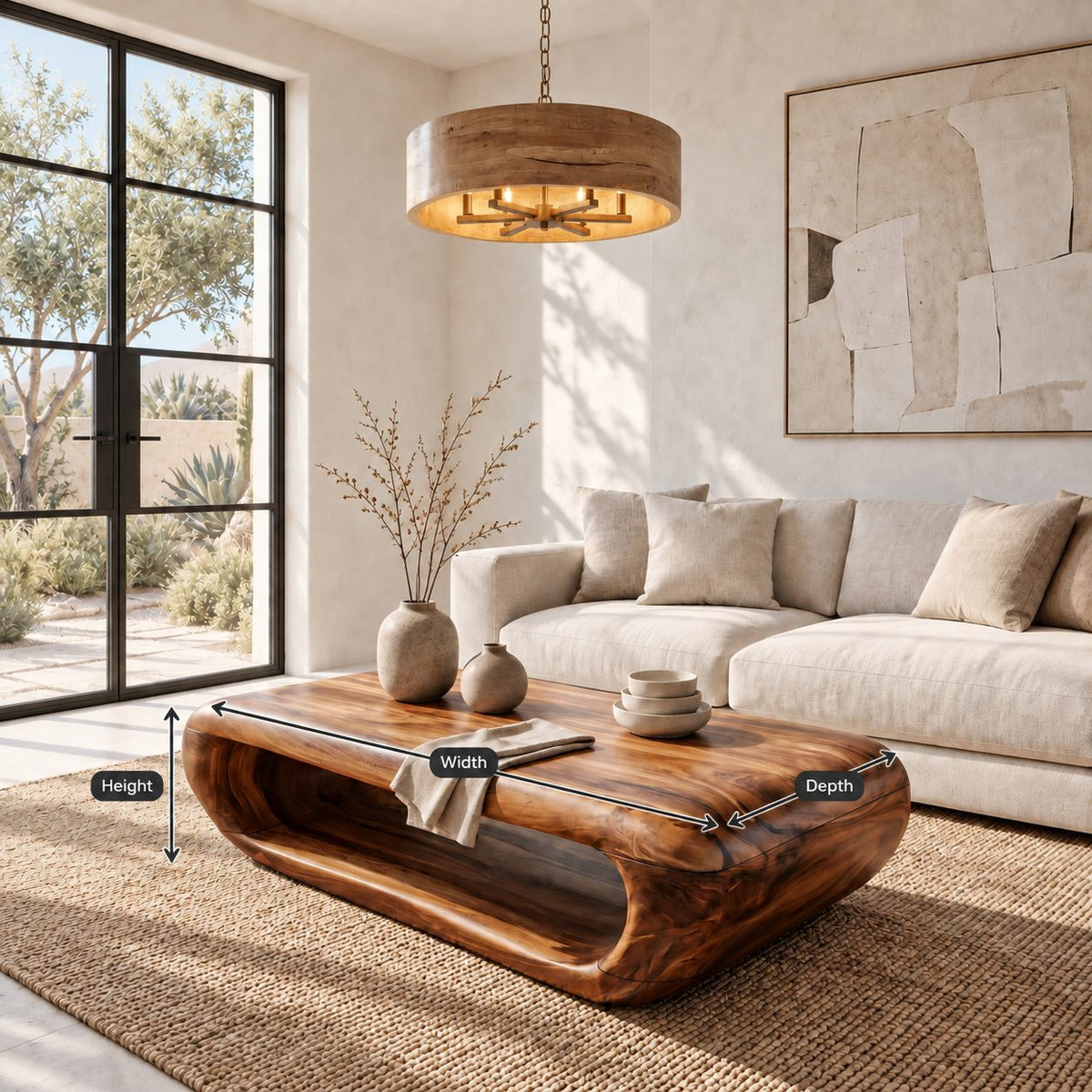 Organic Capsule Coffee Table with Open Storage Tunnel, Rounded Loop Solid Wood Center Table