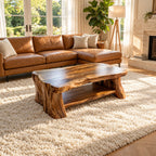 Live Edge Coffee Table with Lower Shelf, Thick Reclaimed Style Slab Solid Wood Table on Slab Legs