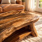 Live Edge Coffee Table with Lower Shelf, Thick Reclaimed Style Slab Solid Wood Table on Slab Legs