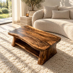 Live Edge Coffee Table with Lower Shelf, Thick Reclaimed Style Slab Solid Wood Table on Slab Legs