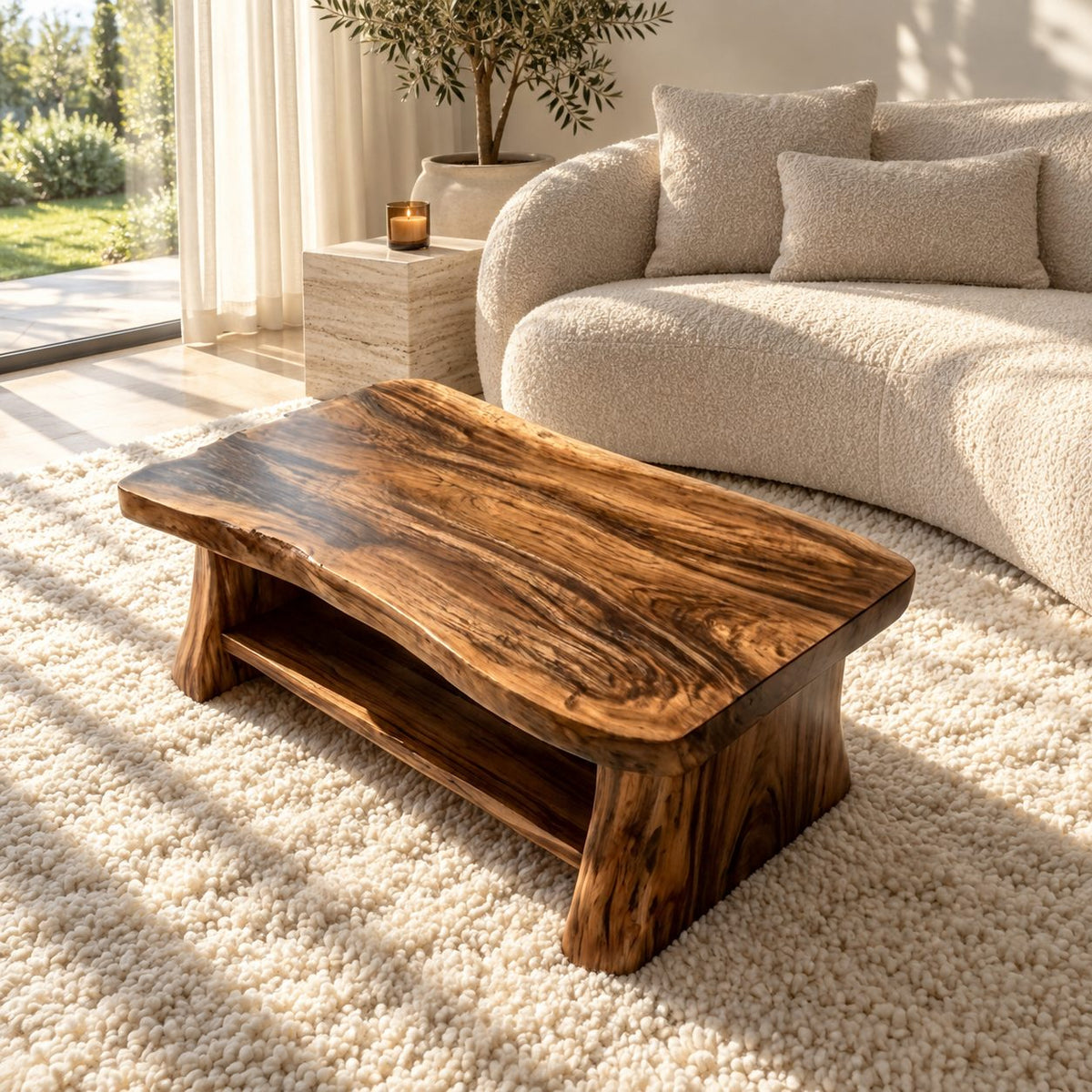 Live Edge Coffee Table with Lower Shelf, Thick Reclaimed Style Slab Solid Wood Table on Slab Legs