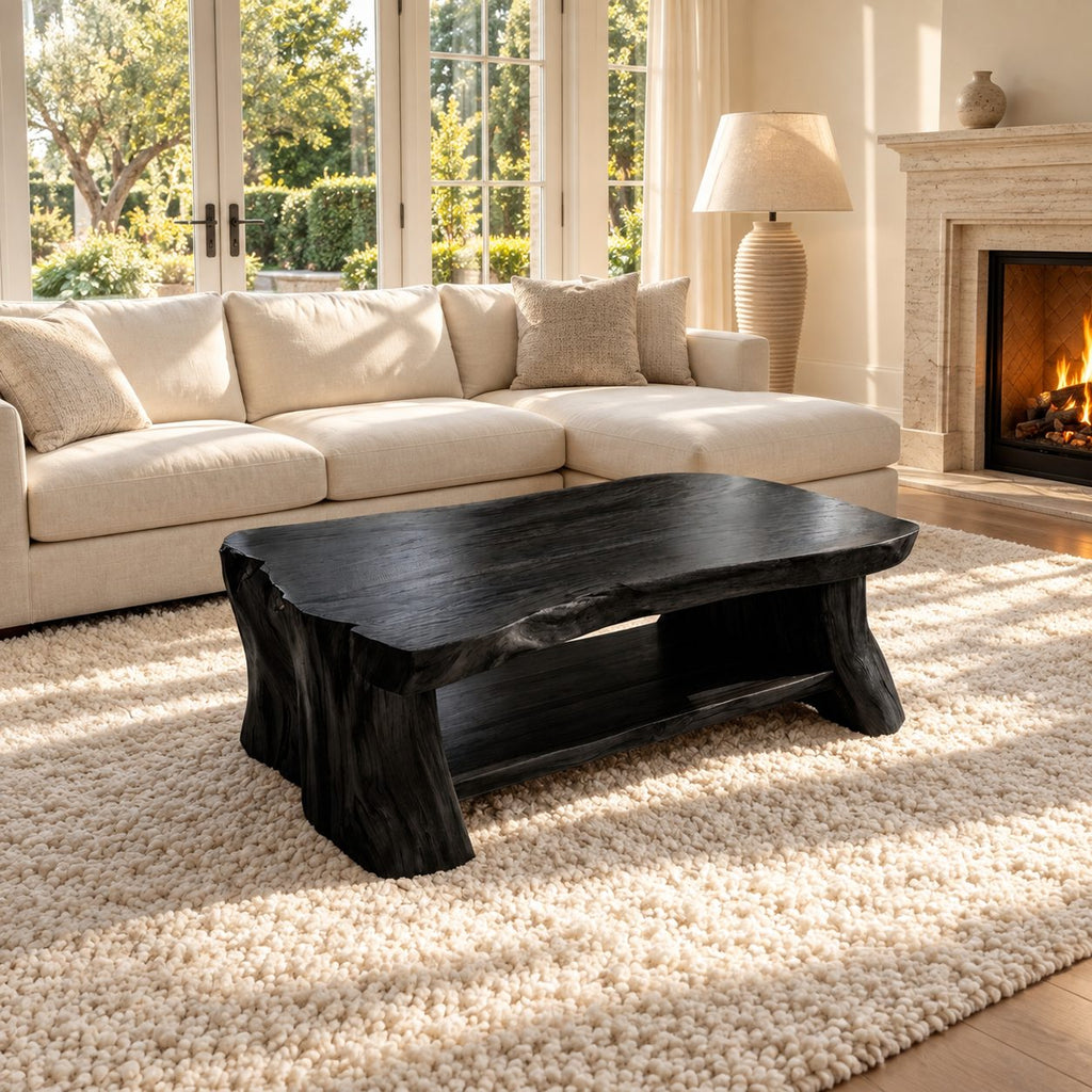 Live Edge Coffee Table with Lower Shelf, Thick Reclaimed Style Slab Solid Wood Table on Slab Legs