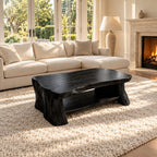 Live Edge Coffee Table with Lower Shelf, Thick Reclaimed Style Slab Solid Wood Table on Slab Legs