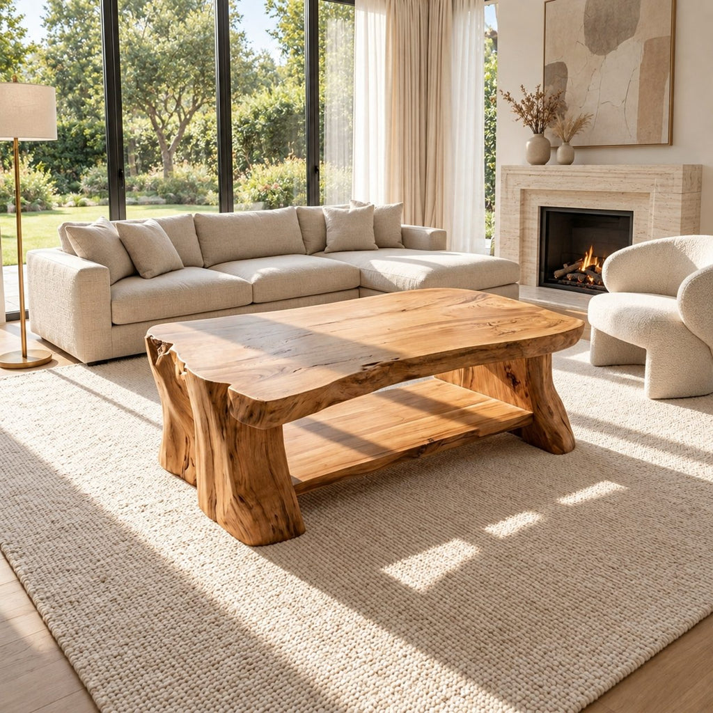 Live Edge Coffee Table with Lower Shelf, Thick Reclaimed Style Slab Solid Wood Table on Slab Legs