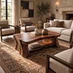 Live Edge Coffee Table with Lower Shelf, Thick Reclaimed Style Slab Solid Wood Table on Slab Legs