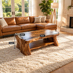Live Edge Coffee Table with Lower Shelf, Thick Reclaimed Style Slab Solid Wood Table on Slab Legs