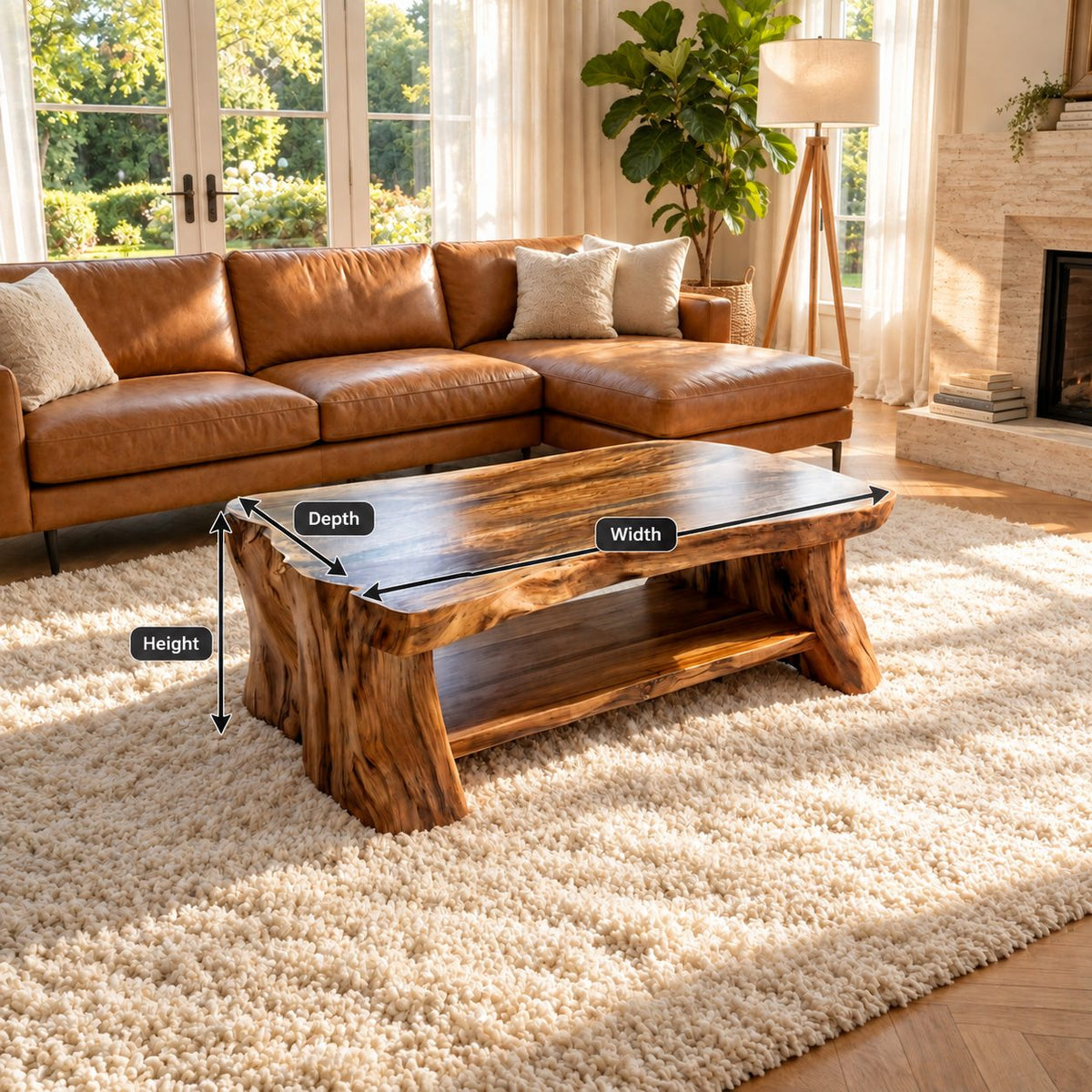 Live Edge Coffee Table with Lower Shelf, Thick Reclaimed Style Slab Solid Wood Table on Slab Legs