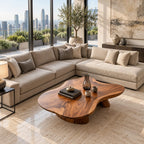 Organic Free Form Coffee Table on Twin Sculpted Pedestals, Cloud Shape Solid Wood Slab Table