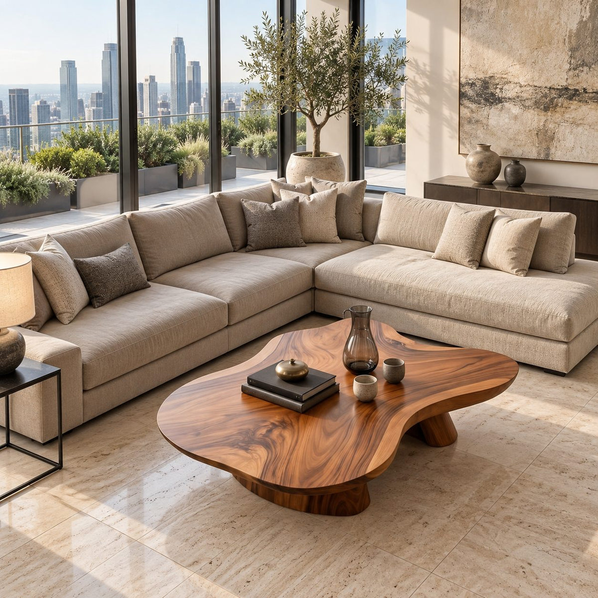Organic Free Form Coffee Table on Twin Sculpted Pedestals, Cloud Shape Solid Wood Slab Table